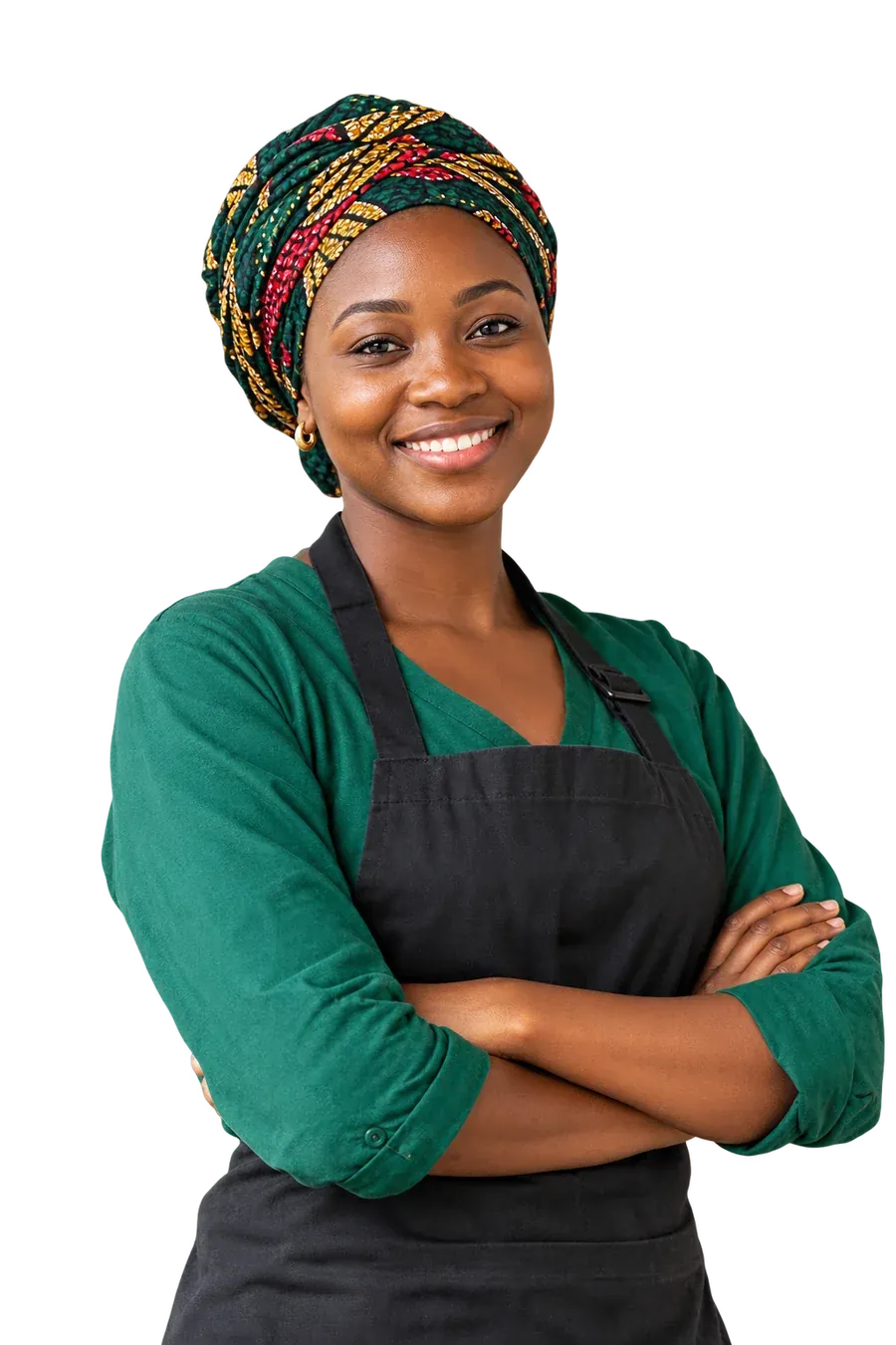 A smiling young woman in a head wrap and work apron, arms folded